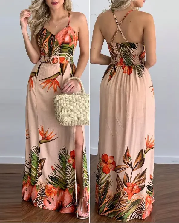 

Tropical Print Split Thigh Belt Design Maxi Dress