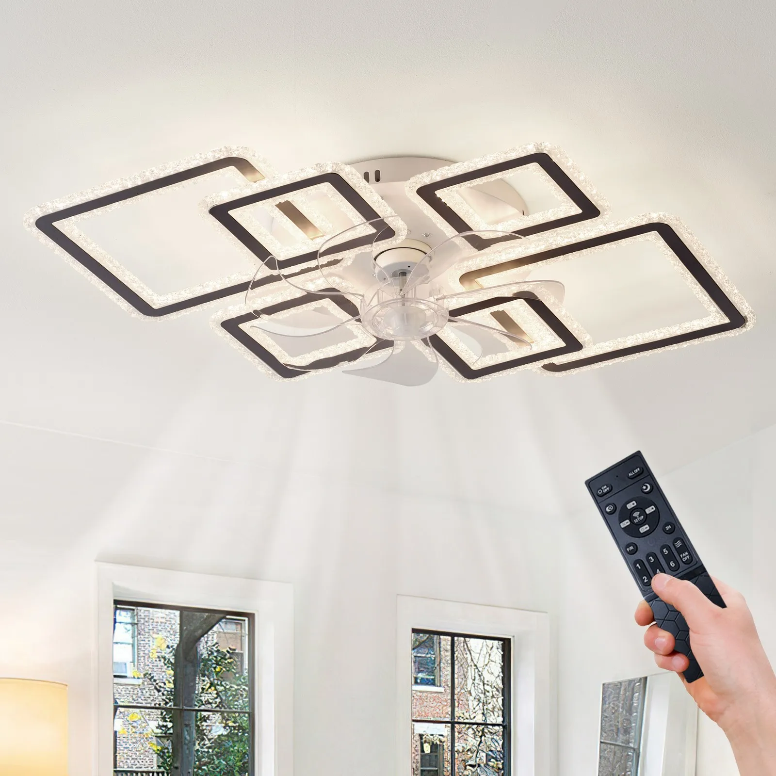 

33'' Ceiling Fan with LED Light 6 Ring Square Flush Mount Remote APP Control Kit