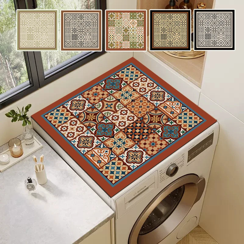 Dust Proof Washing Machine Mat Oven Microwave Pad Retro Printed Furniture Cover Water Absorption Kitchen Drain Pad Home Decor