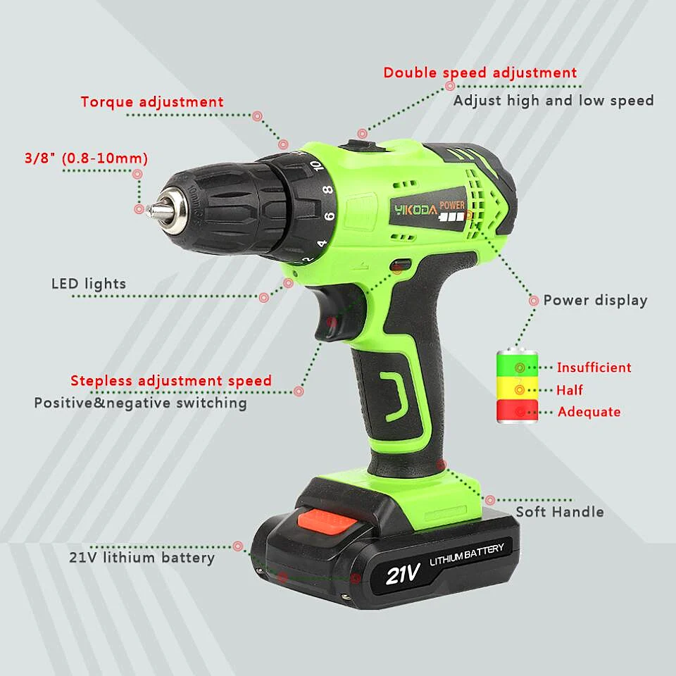 YIKODA 12V 16.8V 21V Cordless Drill Electric Screwdriver Rechargeable Lithium-Ion Battery Two-Speed DIY Driver Power Tools