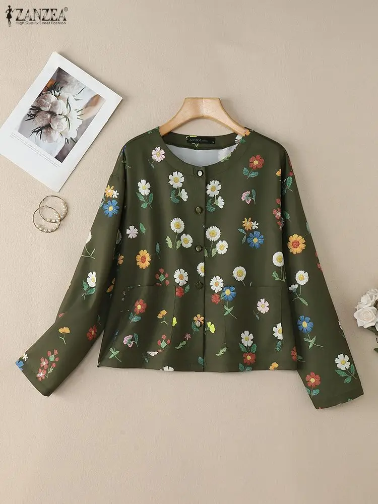 

ZANZEA Floral Printing Lightweight Outerwear Women Autumn 2025 Casual O-Neck Long Sleeve Button Up Pockets Shirts Woman Clothes