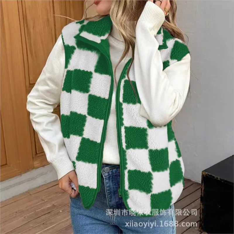 الصوف منقوشة طباعة سترة دون أكمام معطف 2025 امرأة سستة فضفاضة أفخم الدافئة صدرية فام الخريف الشتاء سترة غير رسمية سترة