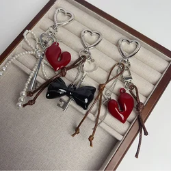 New Fashion Red Love Y2k Keychain Korean Charm Bag Pendant Handmade Beaded Bownot Keyring Vintage Red Metal Hanging Accessories