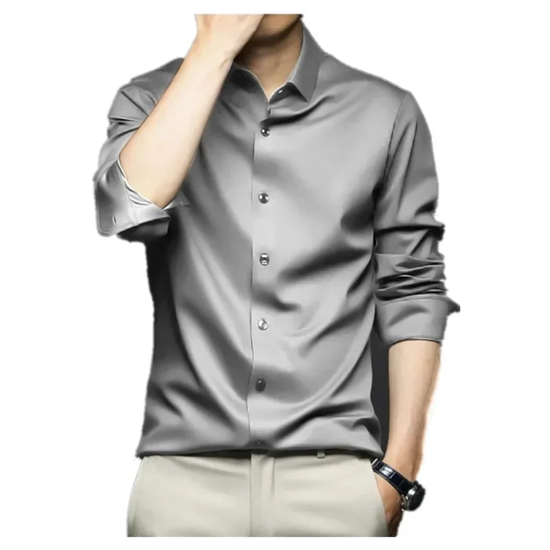 Luxurious Men's Long Sleeve Shirt 2023 New Spring Summer Ice Silk Business Top Wrinkle-resistant Non-iron Solid Men Clothing