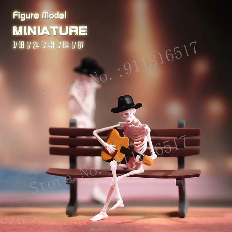 Mini 1/87 1/64 1/43 1/24 1/18 Skeleton Smoking Dancing Playing Guitar Skull Man Figure Street Scene Sand Table Photography Model