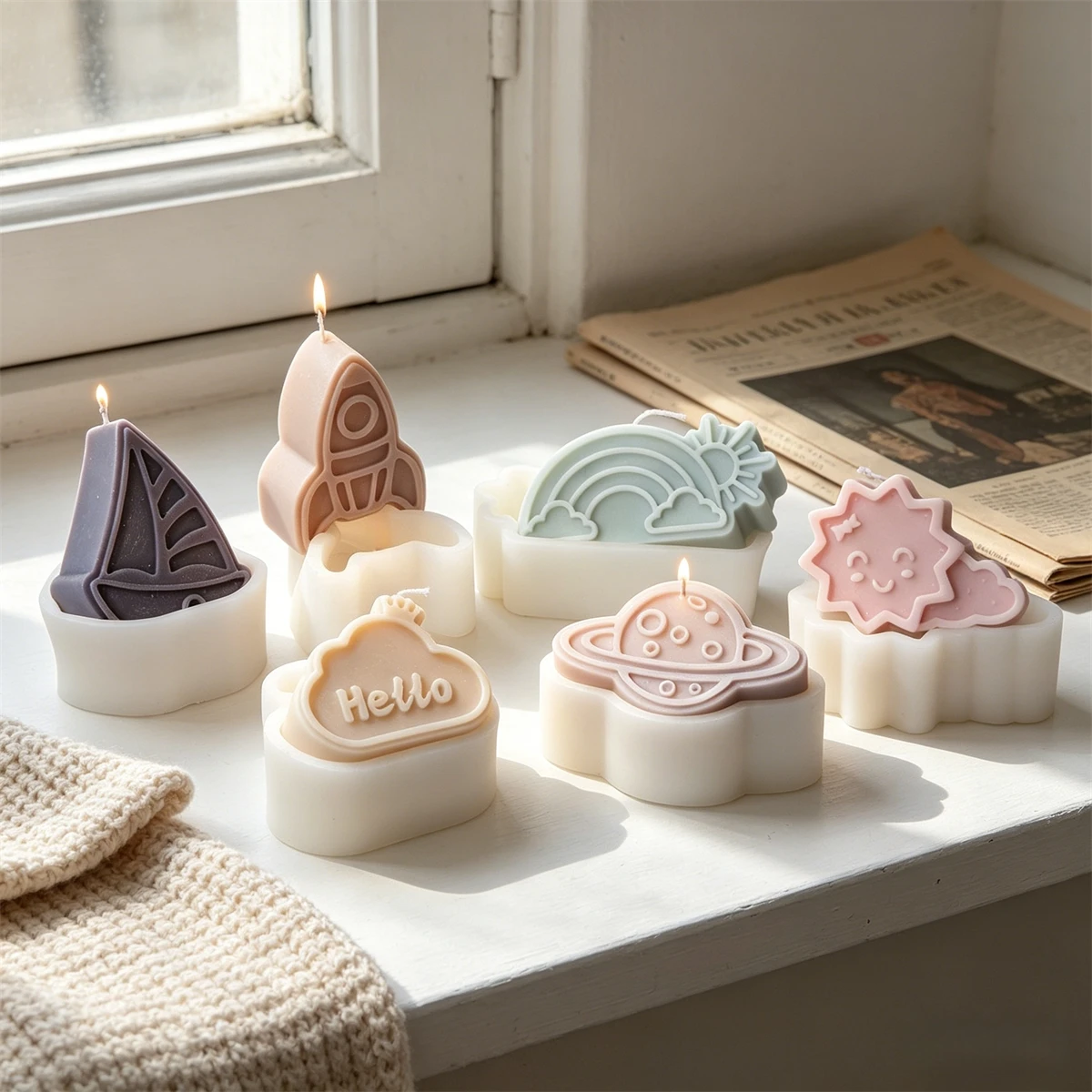 Cartoon Space Candle Silicone Mold 3D Rocket Planet Rainbow Sun Cloud Soap Mold for Soy Candle Making, Resin Soap Plaster