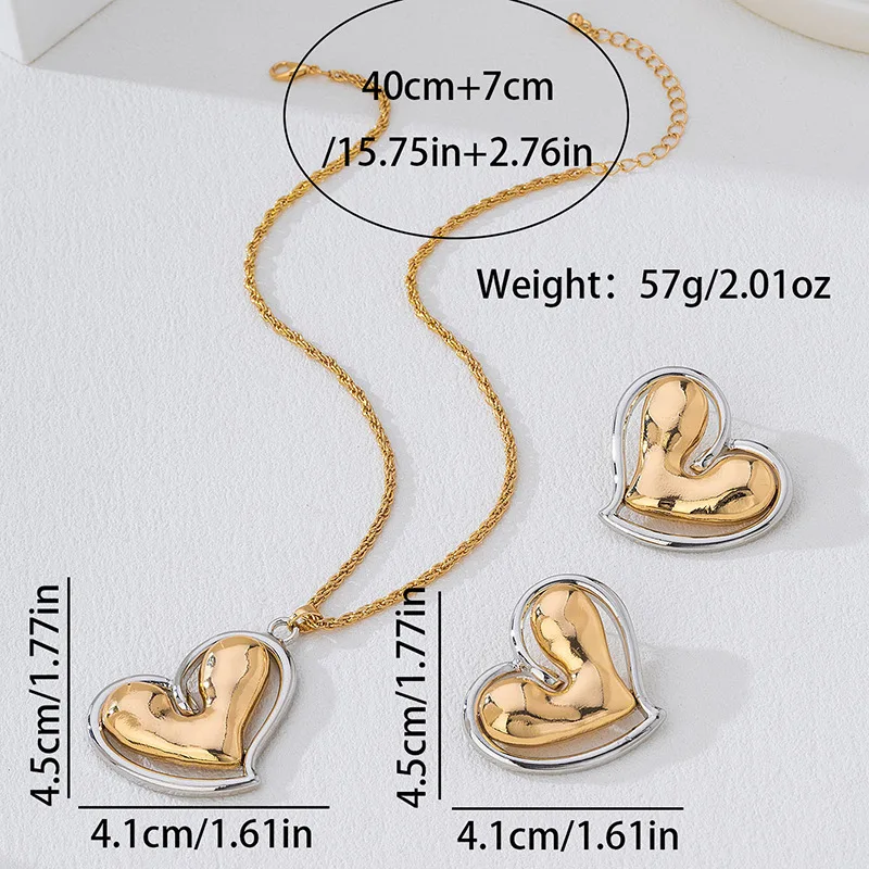 Two-Tone 3D Puffed Heart Pendant Necklace & Stud Earrings Jewelry Set for Women - Fashion Valentine's Day Gift Party Daily Wear