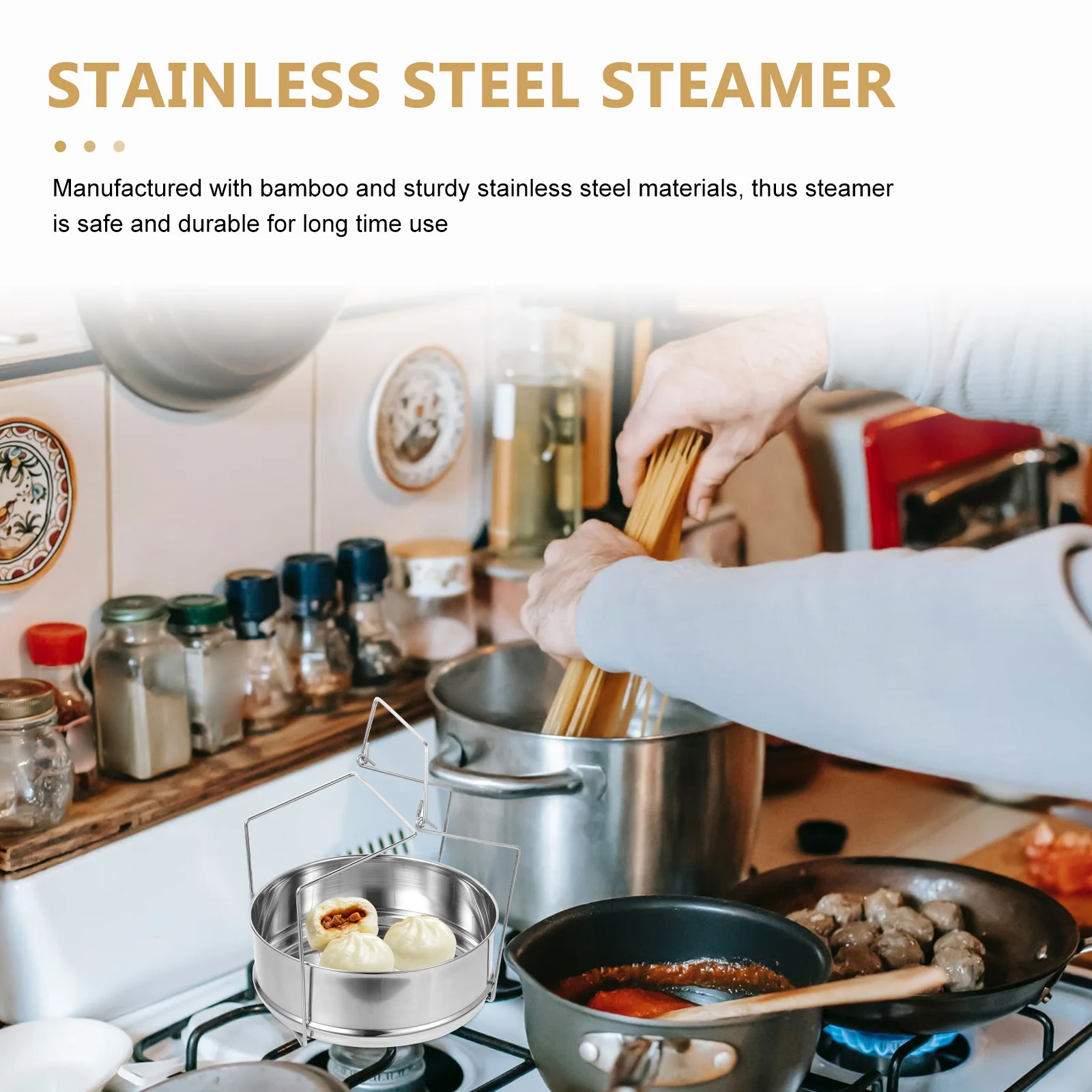 

2-уровневые штабелируемые кастрюли для пароварки из нержавеющей стали, кастрюли, аксессуары для приготовления на пару, портативная двойная ручка, экологически чистая нержавеющая сталь