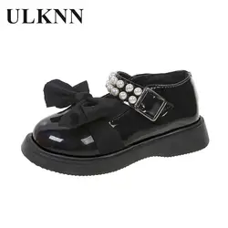 Black Leather Shoes For Girls 2023 New Children Baby Shoes Princess Mary Jane Shoes Girl Students White Bow Beading Flats