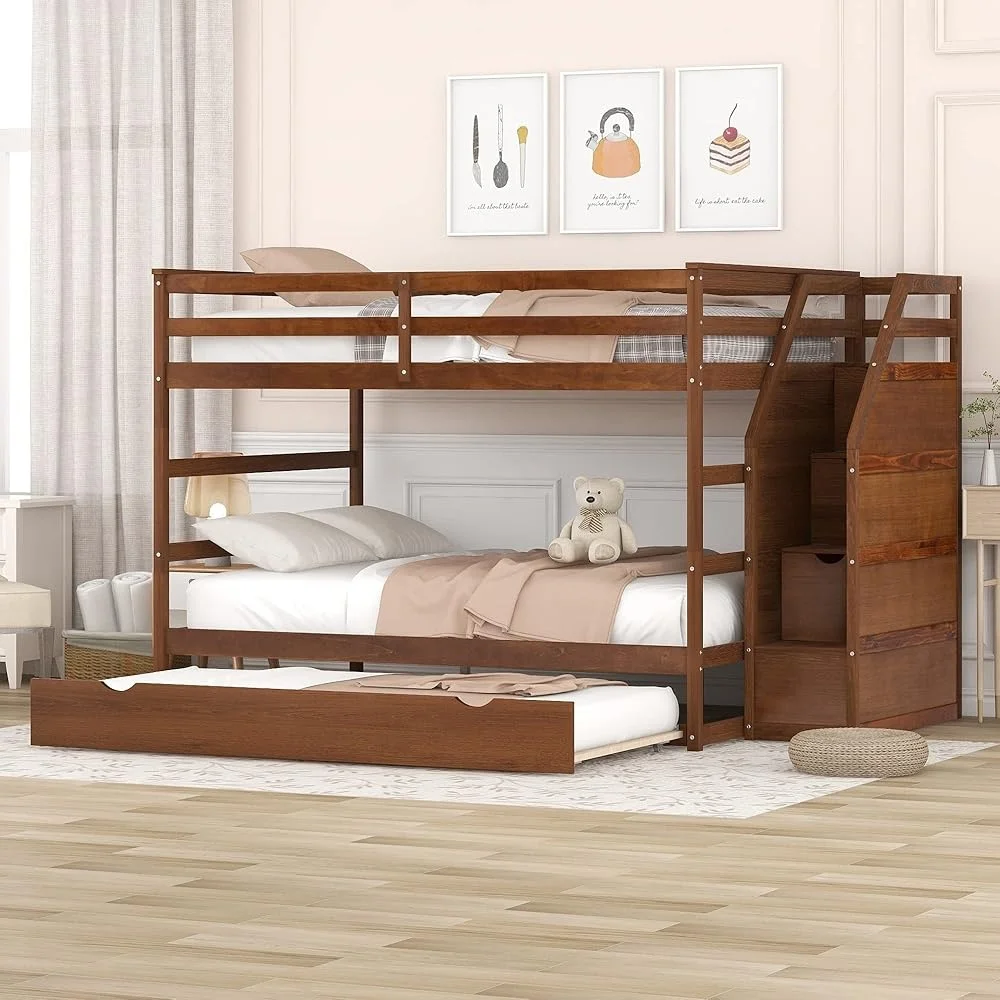 Twin Over Twin Bunk Bed with Trundle and Storage Stairs Solid Pine Wood Frame No Box Spring Needed Space Saving Design