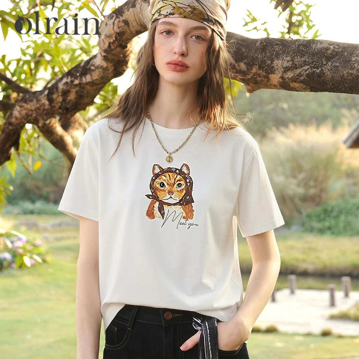 OLrain Women's Cat print Tee White Crew Neck T-shirt Loose Short Sleeve T-shirt 2026 Summer New Top Casual Fashion O58XT005356