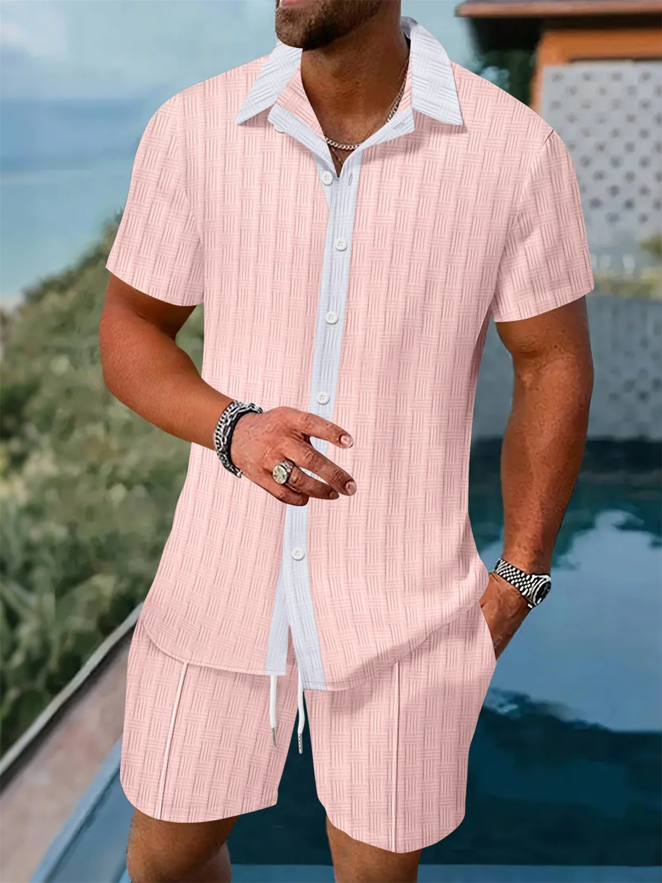 2025 New Men's Fashion Casual Stripe Solid Color Short Sleeve Shirt Shorts Collared Set Summer Hawaiian Beachwear Ensemble