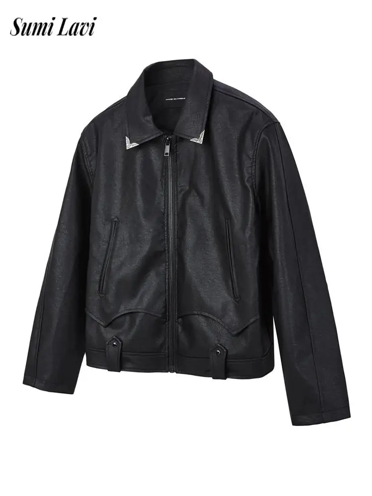 

Autumn Winter Vintage Mens Leather Coats Streetwear Fashion Solid Color Zip-up PU Leather Jackets For Men Casual Slim Crop Coat