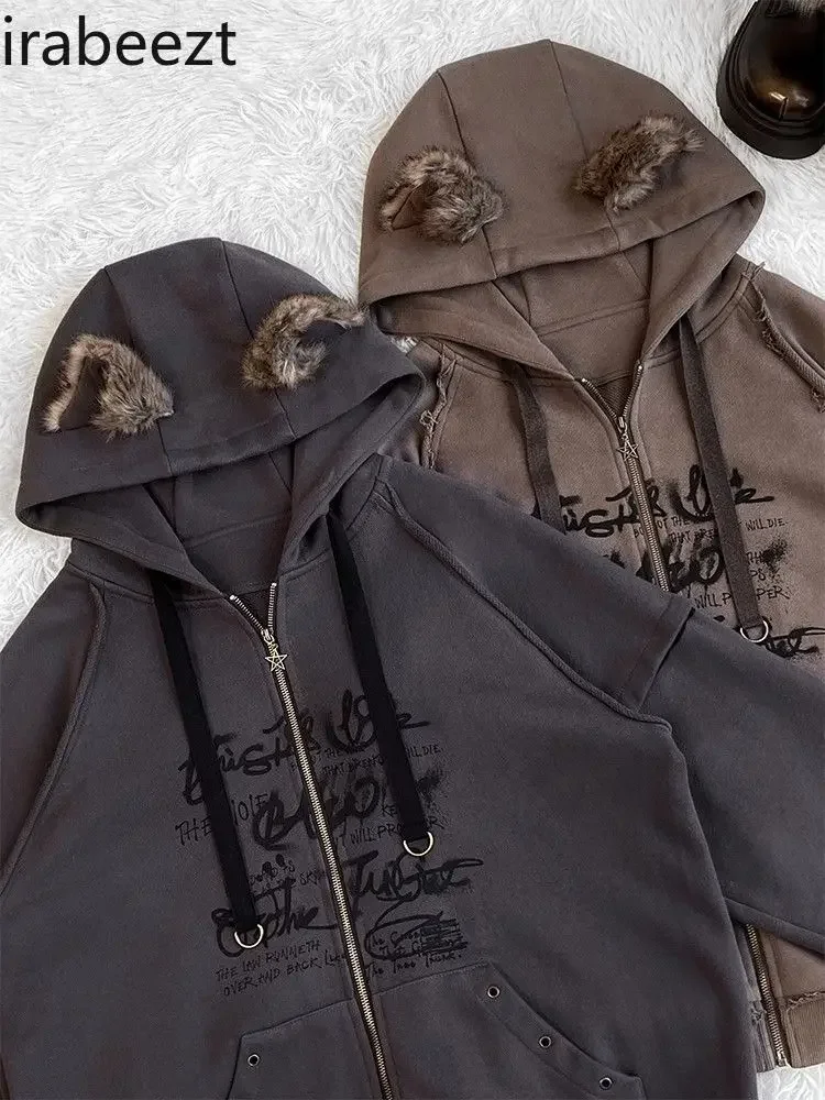 Hooded and Velvet Hoodie Female Autumn and Winter Graffiti Print Loose Couple Coat Loose Fit Streetwear Ladies Tops