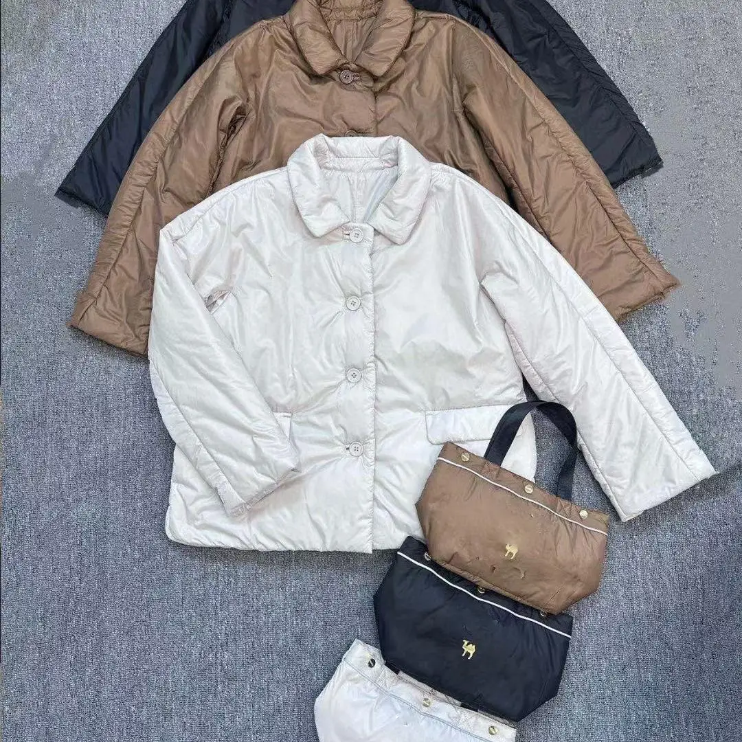

Silk Camel down Layered Peter Pan Collar Lightweight Soft Women's Jaet with Storage Handbag Vintage Sle Winter Coat