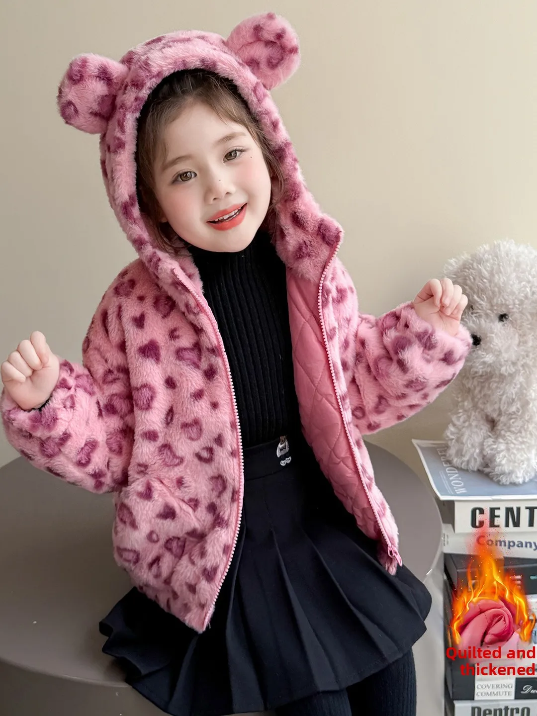 

Хлопковое жакет Thiened Fce с капюшоном для девочек, зимнее теплое пальто с ушками, модная одежда на подкладке с пышной подкладкой, милая одежда
