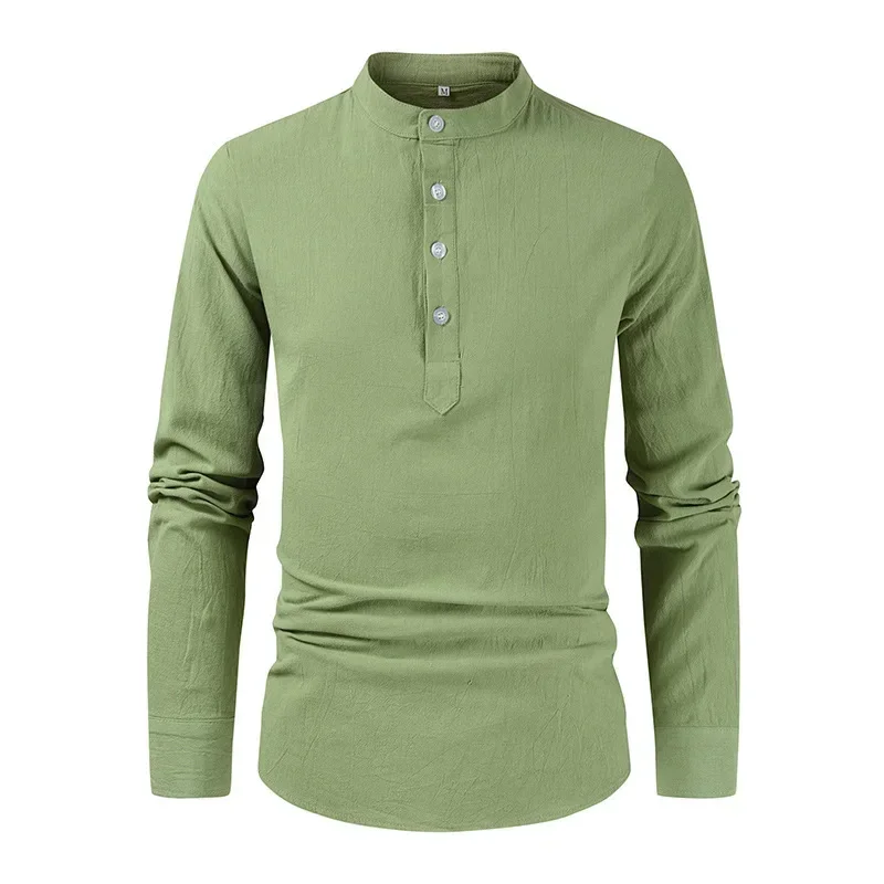 

2023 New Men's Fashion Simple Casual Standing Neck Half Open Shirt Men's Long Sleeve Cotton Linen Shirt