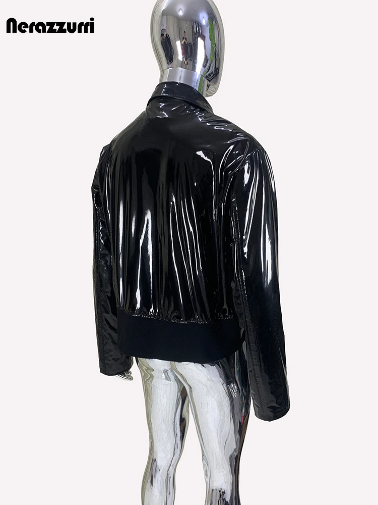 Nerazzurri Spring Autumn Shiny Reflective Soft Black Patent Faux Leather Jacket Men Zipper Turn-down Collar Goth Clothes 2024