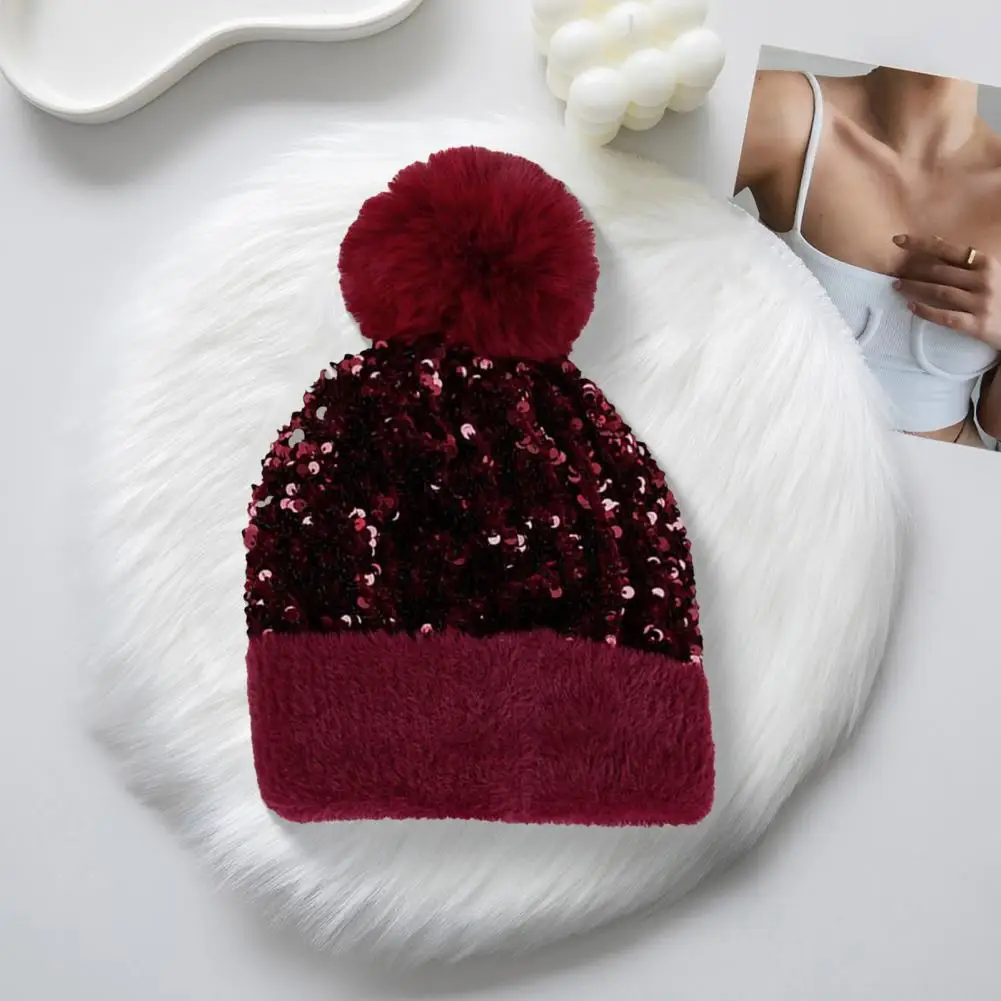 

Furry Bucket Hat Soft Texture Winter Hat Stylish Women's Winter Bucket Hat with Plush Ball Shiny Sequins Cozy Knit for Cold