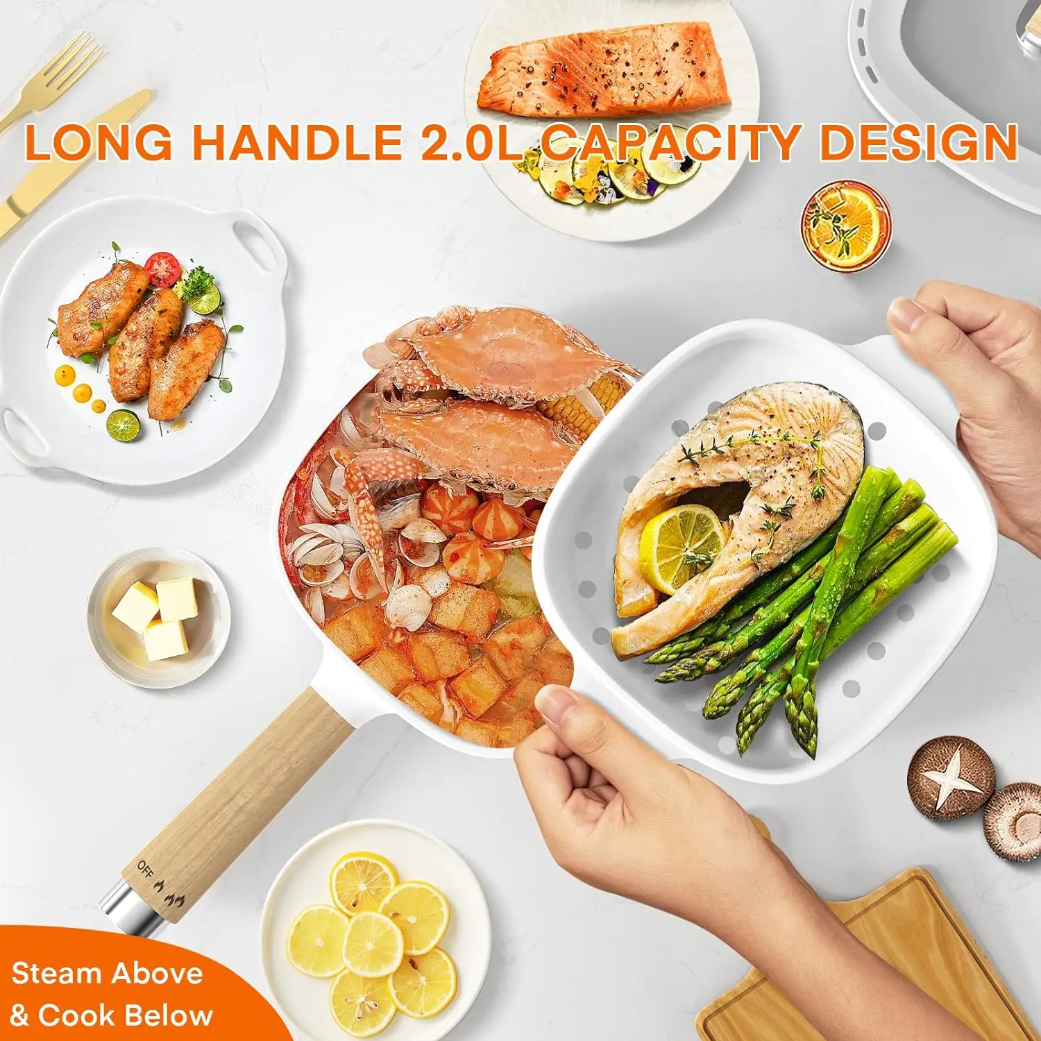 Pentola elettrica da 2 litri con smalto cermico a vapore padella antiaderente fornello da viaggio portatile da 8 pollici con doppio controllo della potenza