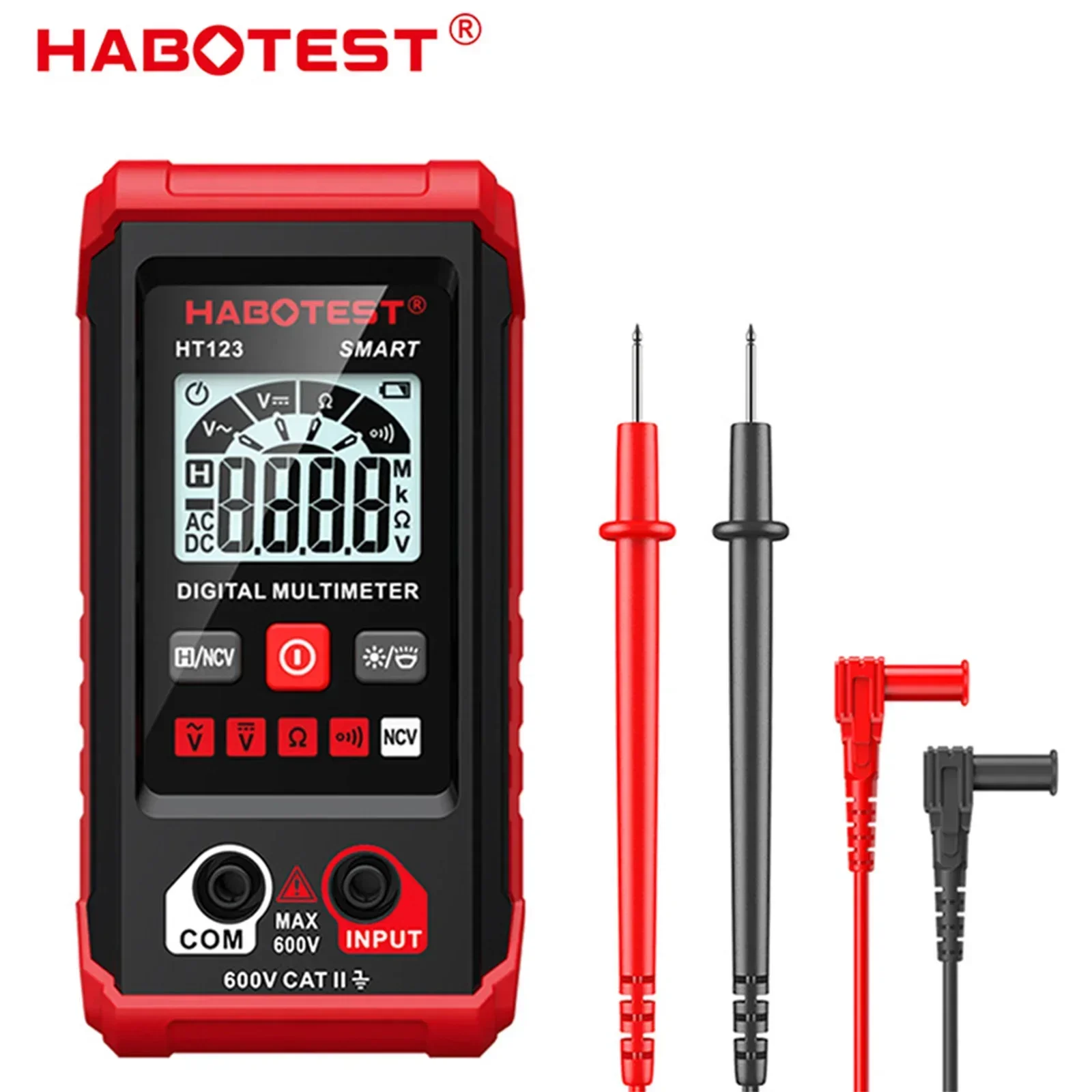 HT123 High Precision Digital Multimeter with NCV Detection and LED Flashlight Measures DC Voltage and Resistance Up to 600KΩ