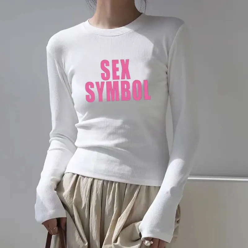 Sexy Symbol Letter Gothic Cotton O Neck Long Sleeve Shirt Women Sexy Cropped Autumn Casual Basic Woman T Shirts