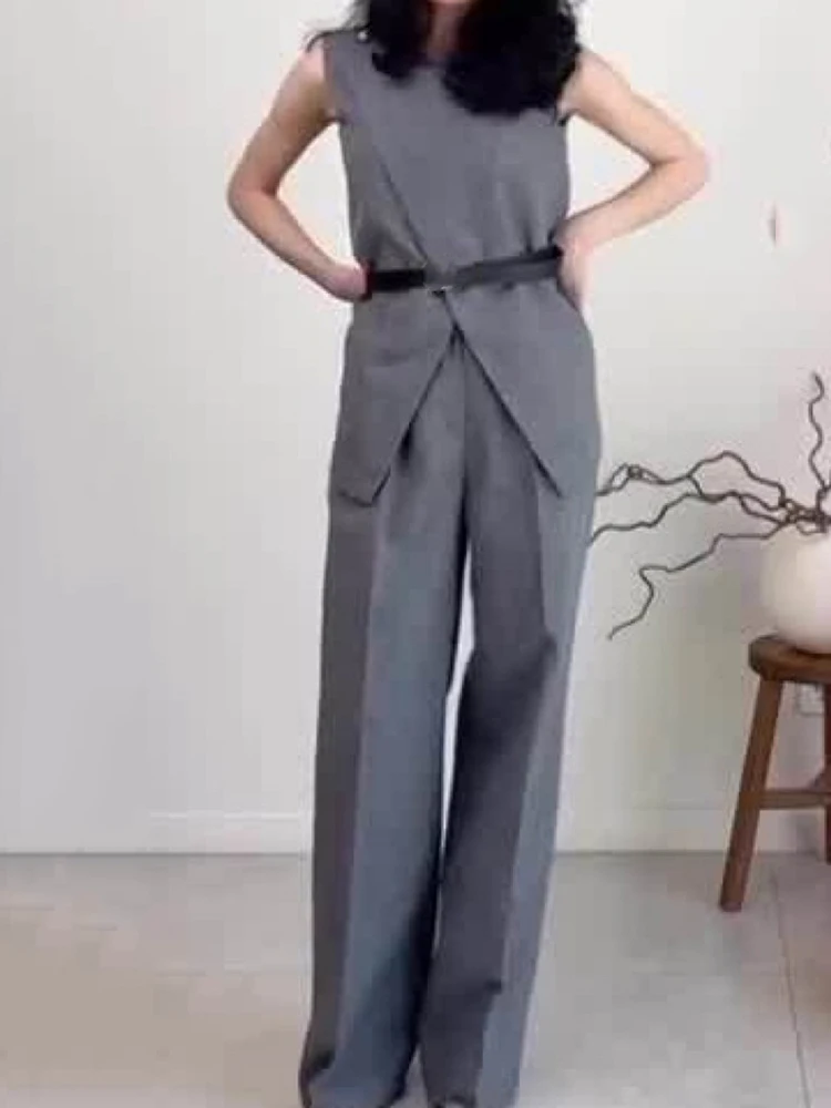 Fashion Solid Casual Hosen Zwei Stück Set Frühling Frauen Ärmelloses Rundhals Top + Hohe Taille Gerade Breite Bein Hosen sommer Outfit