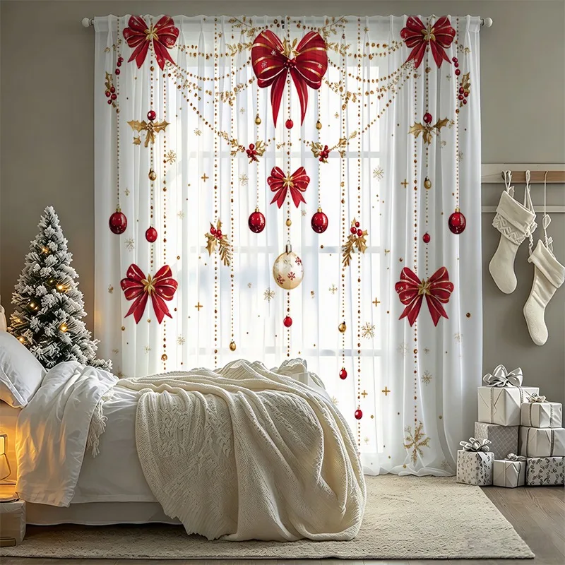 2PCS Christmas Sheer Curtains, Red Bow Gold Bead Garland Bauble, Digital Print, Bedroom Living Room, Rod Pocket Polyester