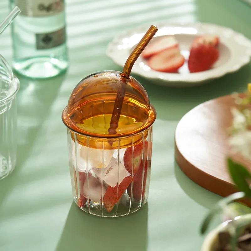 460ml Stripe Glass Cup Transparent Glasses With Lid and Straw Ice Coffee Mug Tea Cup Juice Glass Milk Water Cup Drinkware