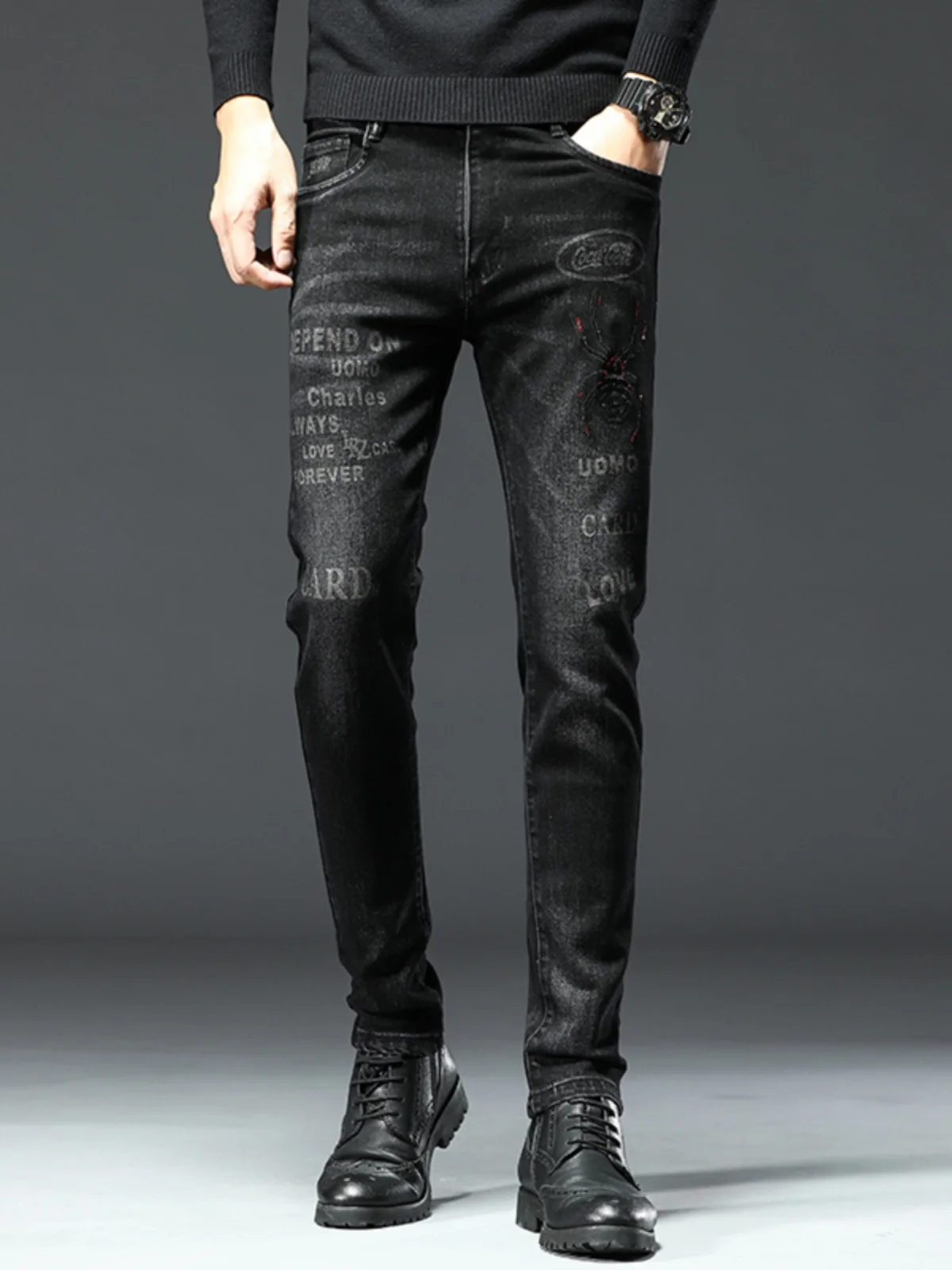 

Slim Fit Casual Jeans Men's Elastic Waist Printed Cotton Stretch Denim Bla Long Pants Youth Autumn Faion Brand