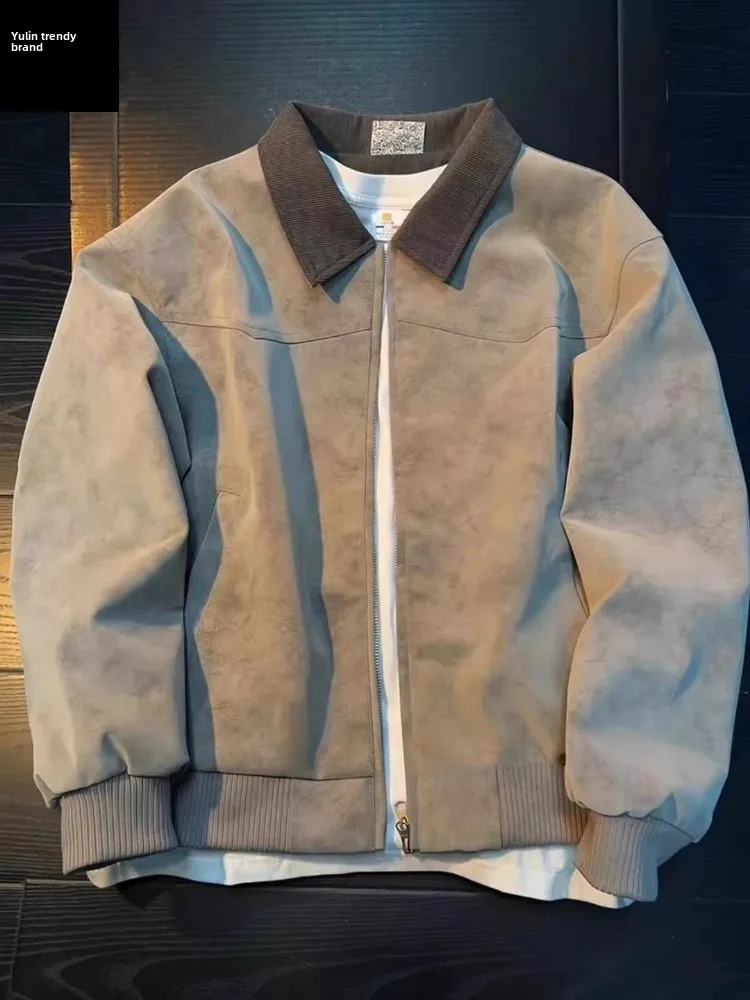 

Мужская куртка из искусственной кожи с эффектом окрашивания, в американском ретро-стиле, с воротником в стиле Детройтского бейсбола, молодежная, трендовая, весенне-осенняя верхняя одежда