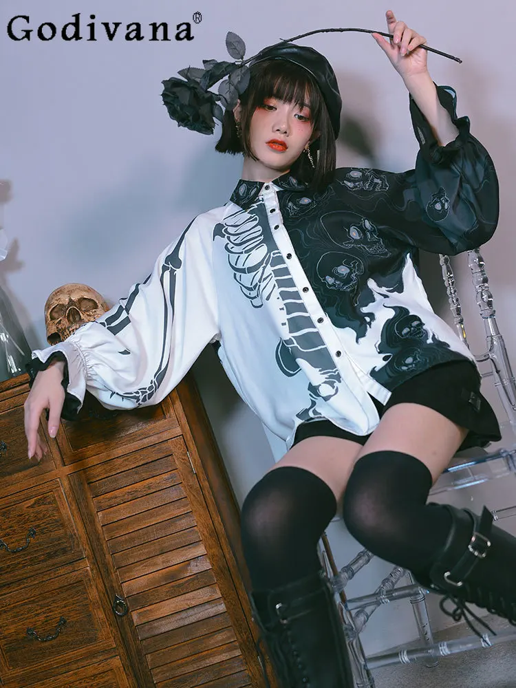 

Temperament Asymmetrical Printed Lantern Sleeves Retro Punk Shirt Spring Summer Turn-down Collar Women's Personality Chic Shirts