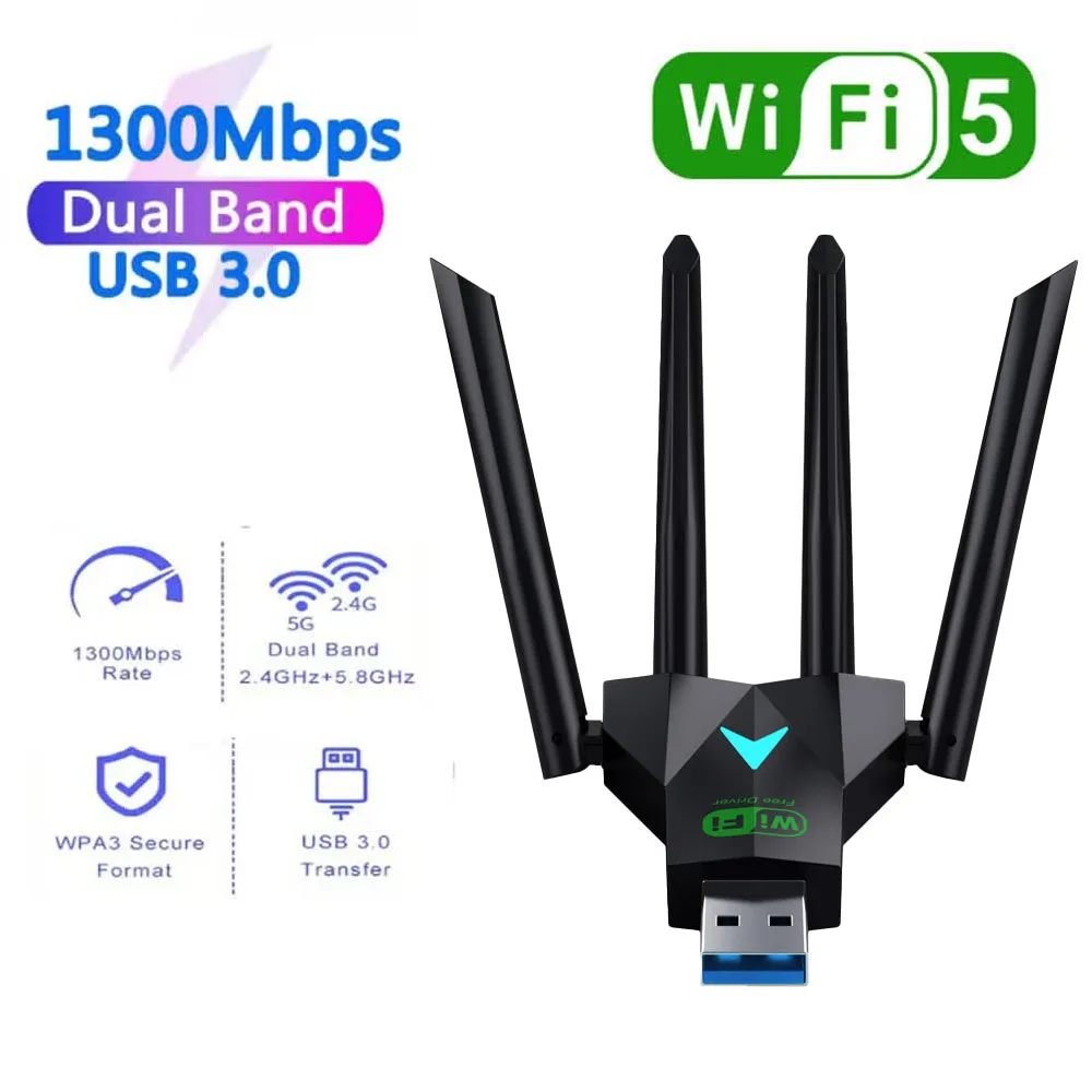 

1300Mbps USB WiFi Adapter 2.4G 5GHz Dual Band Wireless Network Card Wi-Fi Dongle Signal Receiver Driver Free For Win7/8.1/10/11