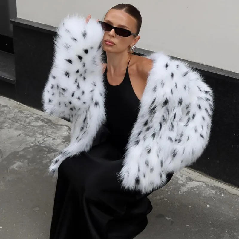 Tuularose Winter Leopard Print Faux Fur Women Plush Thickened Coats Retro High Street Fashion Loose Slim Chic Women Fur Outwear