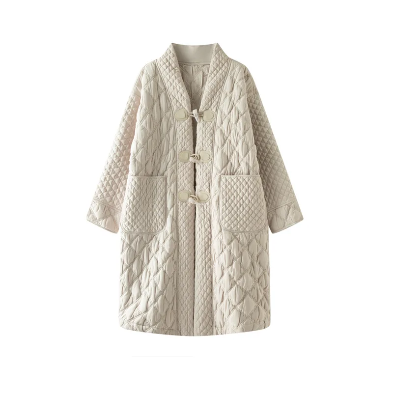 

Miyake High-end Simple Horn Button Mid-length Trench Coat Cotton Jacket for Women Winter New Big Size Pleated Clothing