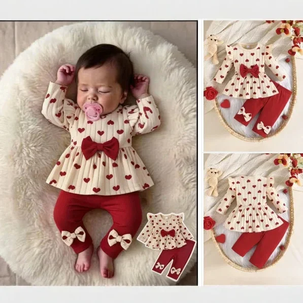 Newborn Baby Girl 2Pcs Outfit Heart Print Ruffle Long Sleeve Peplum Top Bow Pants Valentine Photoshoot Casual Clothing Set ZYD47