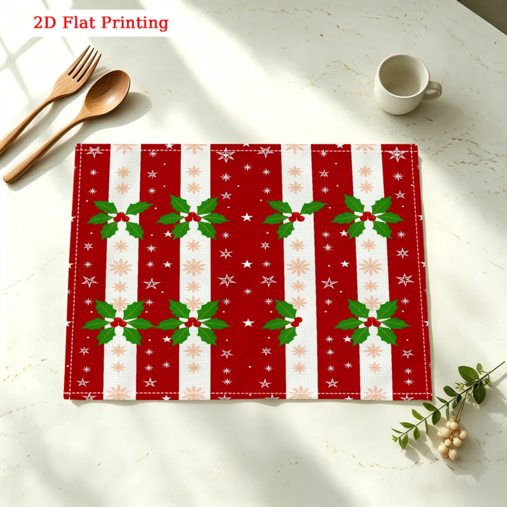 Red White Stripes Holly Stars Kitchen Placemat Coaster Linen Pad Dish Coffee Cup Table Mat 30x40cm Home Decor