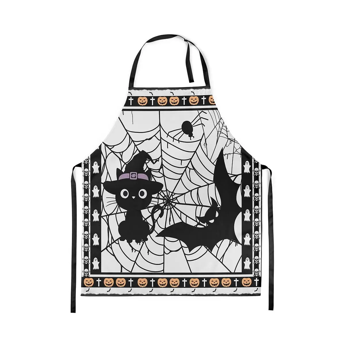 

Cartoon Halloween Decor Kitchen Apron Cute Cat Black Bat Decor Waterproof Apron for Adults Spider Web Ghost Skull Grid Apron