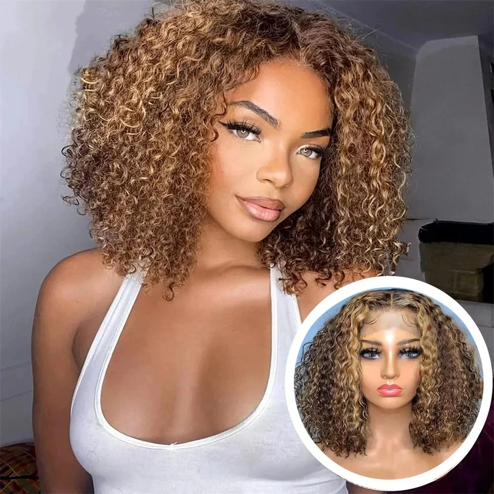 Perruque Bob Lace Front Wig péruvienne Remy naturelle, cheveux courts, Deep Curly, 13x4, P4/27, balayage ombré, blond, pour femmes