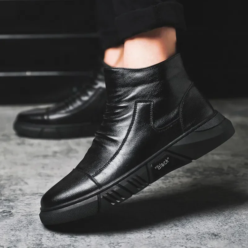 

Fashion Leather Boot for Men Winter Warm Snow Boot Cotton Shoes High Top Casual Leather Shoes British Style Men Boot Men's Shoes