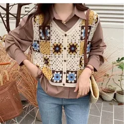Vintage Knit Vest Women Single-breasted Cardigan Sleeveless Crop Top Hollow Out Waistcoat V-neck Embroidery Vests Clothing Trend