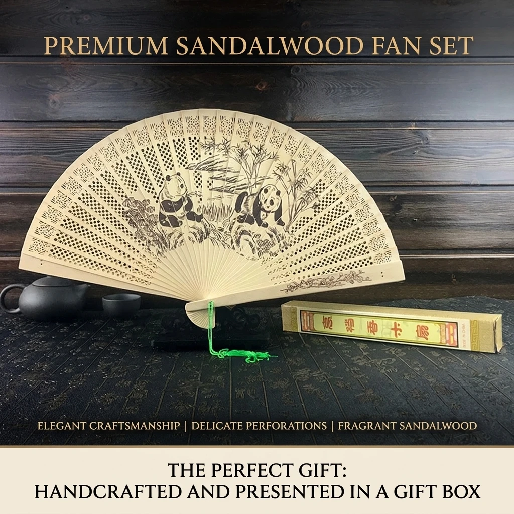 Women's Sandalwood Folding Fan Chinese Style Hollow Design With Gift Box Packaging
