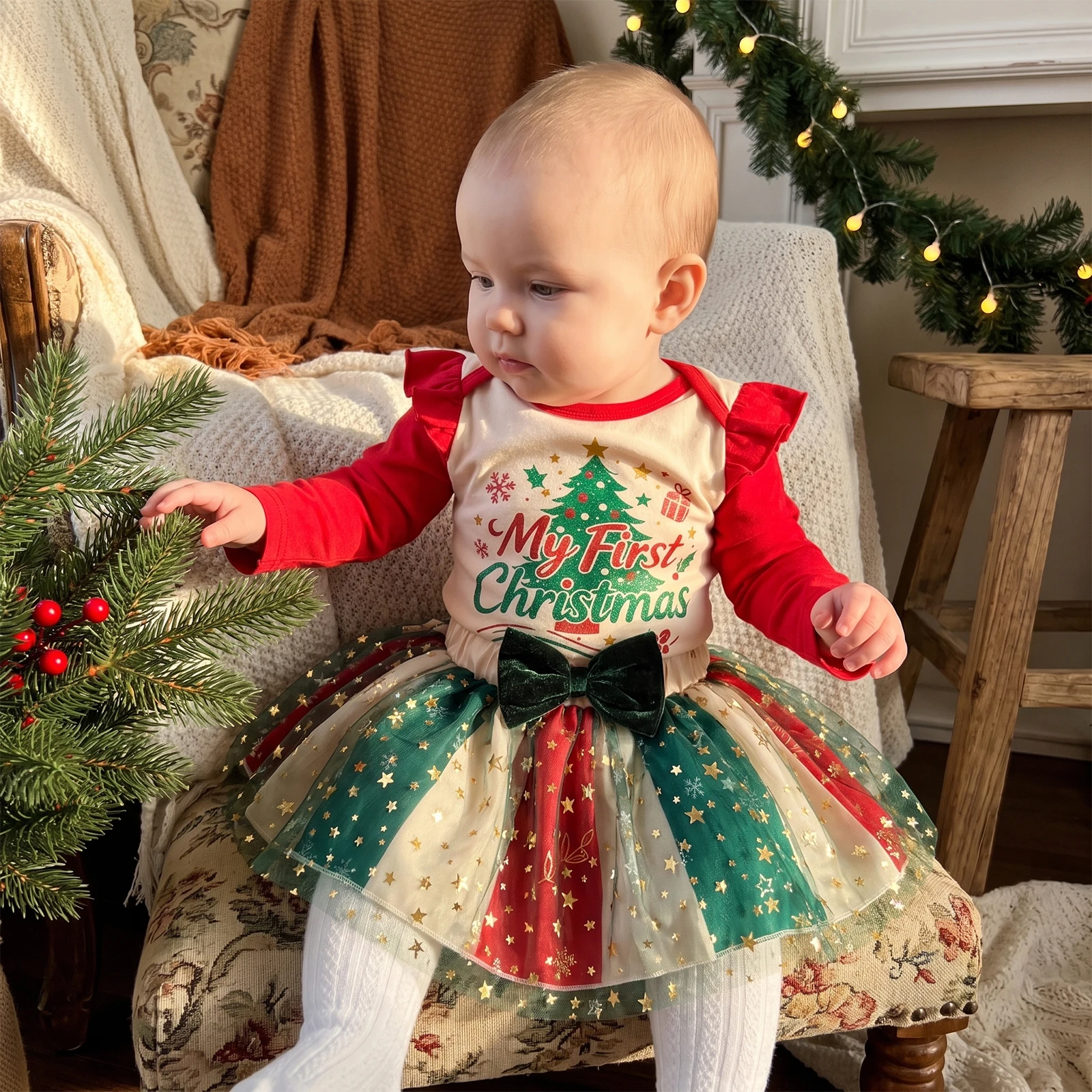 Tregren 0-18Months Infant Baby Girls Christmas Outfit Long Sleeve Santa Claus Xmas Tree Print Romper with Tulle Skirt 2pcs Sets