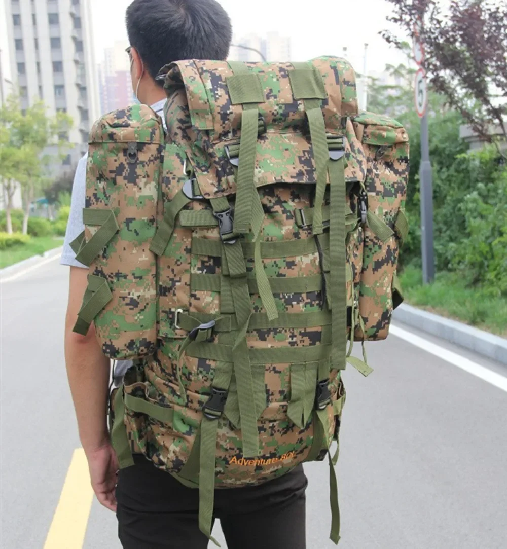 Sports Luggage Double Shoulder Professional Bags Mountaineering Camouflage 80 L waterproof Backpack Canvas Plug In Travel Baggag