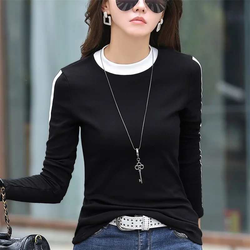 #0354 Casual T-shirt Women O-neck Stretch Cotton Skinny Basic T Shirt Femme Slim Korean Fashion Women T-shirt 3XL Spring Autumn