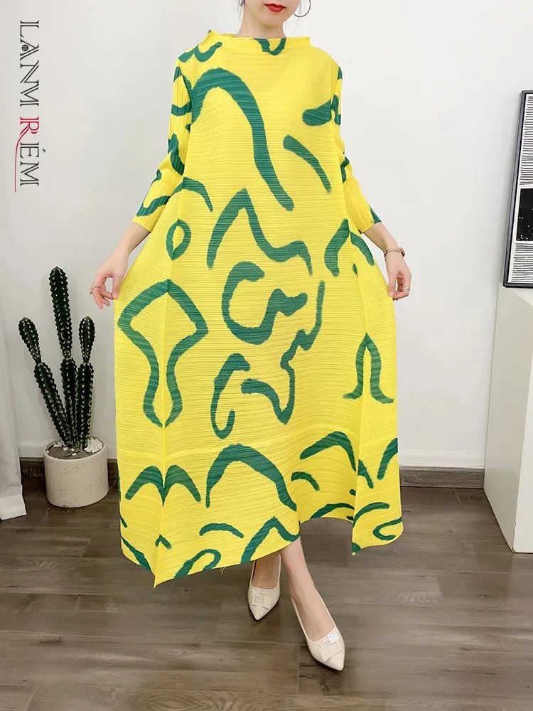 LANMREM Color Block Pleated Dress Women Loose Style Long Length Fashion Dresses Festival Clothes 2024 Spring Summer New 2DA1028