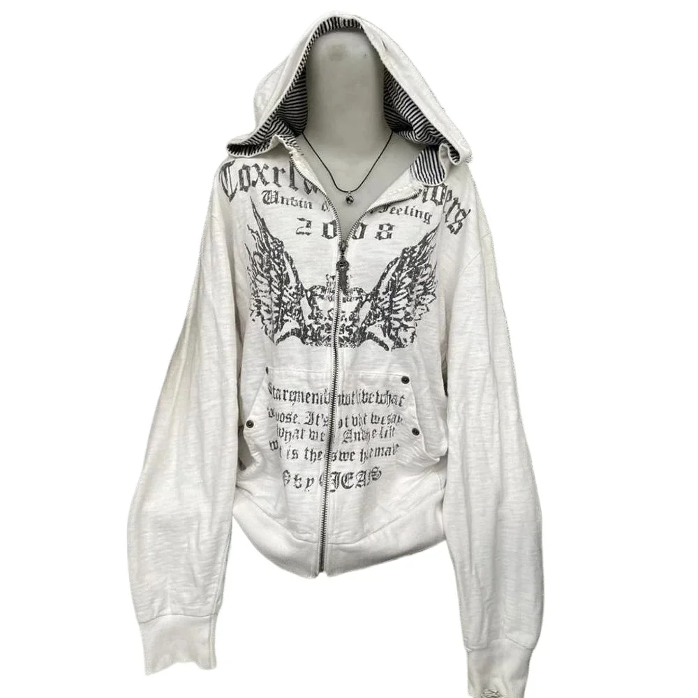Hooded Sweatshirt Women Grunge Vintage Gothic Print Y2k Aesthetic Zipper Hoodie Harajuku Design Loose Lazy Streetwear Tops New