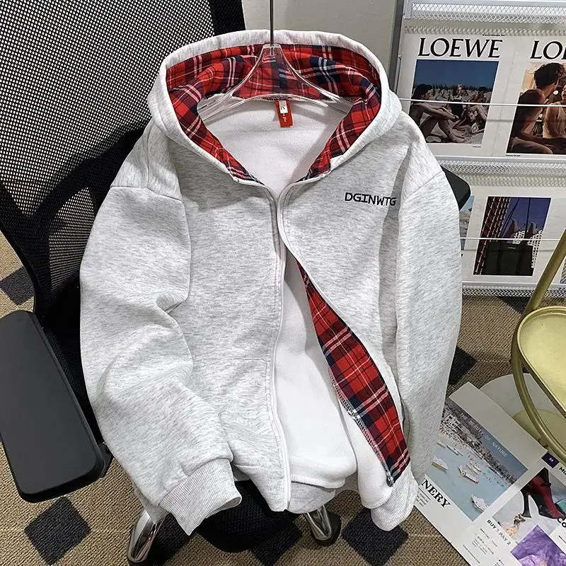 

Мужской кардиган-худи оверсайз в американском стиле с флисовой подкладкой, модный, в клетку, с лоскутными вставками, для пар, плотная свободная верхняя одежда