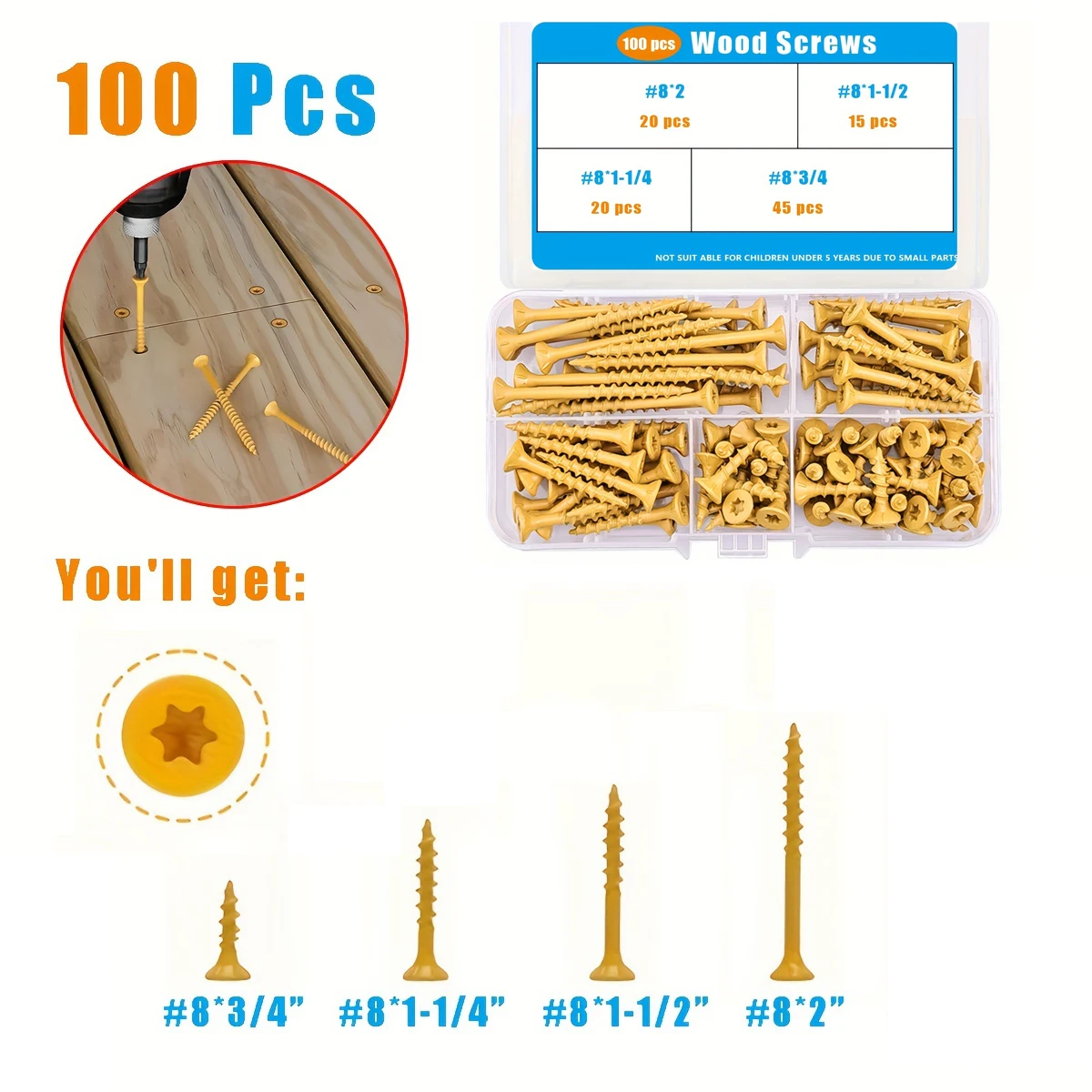 100 Pcs #8 Phillips Drive Wood Screws with Cutting Wings And Heat-Treated Finish