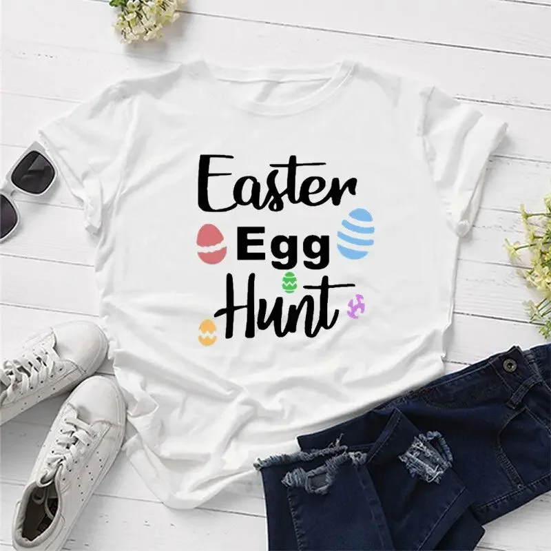 

Easter Egg Hunt Shirt Easter Day Shirt Cute Easter Tee Funny Graphic Cotton Korean O Neck Casual Short Sleeve woman tshirts